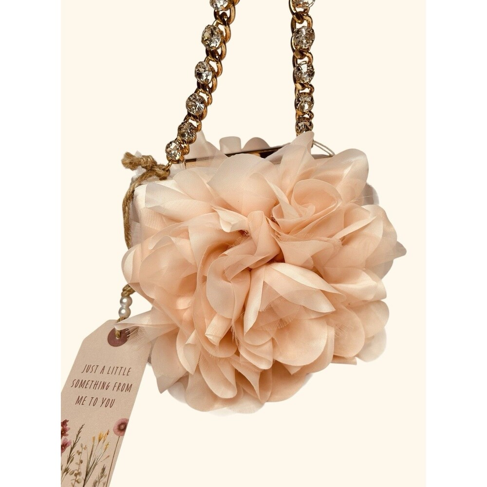 Jewel Badgley Mischka Blush Pink Ruffled Floral Clutch Rhinestone Handle Bag NWT